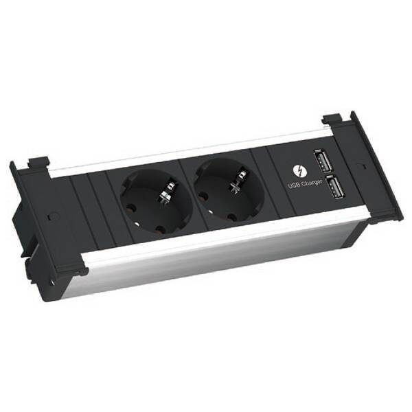 Модуль KAPSA (2 розетки Schuko 250В, 2 USB (5,2 В/2150 мA), отделка чёрная/алюминий